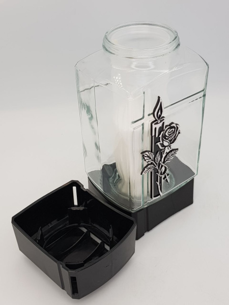 Лампада стеклянная Роза Свеча Znicz (24*10,5*8,5, корпус прямоугольный, колба плоское стекло, пластик черный, Роза, Свеча, цвет серебро, в упаковке 6 шт.) арт:2570