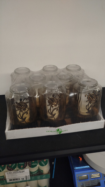 Лампада стеклянная Роза 3 Znicz (размер 26х11, корпус прямоугольный, колба желтое стекло, пластик бронза, Роза золото, в упаковке 8 шт.) арт:2482