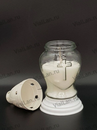 Лампада стеклянная Сердце Крест Белая (размер ""х""х"", корпус Сердце, колба прозрачное стекло, пластик белый, Сердце Крест, в упаковке 16 шт.) арт:1955