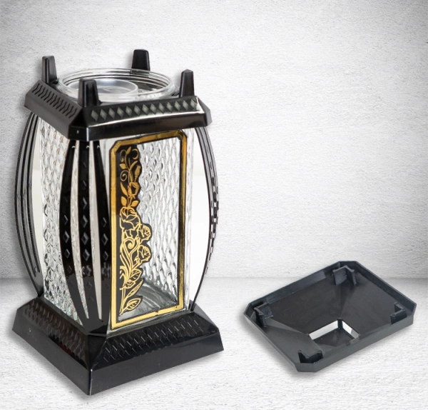 Лампада стеклянная Роза Вьюн Prima 11 (29*14*14, корпус прямоугольный, колба прозрачное стекло, пластик черный, Роза вьюн, цвет золото, в упаковке 6 шт.) арт:1855