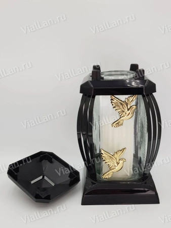 +Лампада стеклянная Голуби Prima 10 (25*12*12, корпус прямоугольный, колба прозрачное стекло, пластик черный, Голубь х2 золото, в упаковке 6 шт.) арт:1926