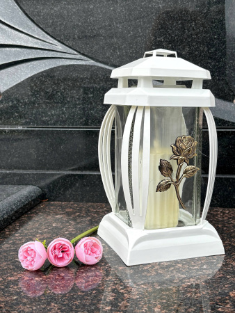Лампада стеклянная, свеча вкладыш, Prima 1A, роза, белый, (25*12*12, корпус прямоугольный, колба прозрачное стекло, пластик белый, Роза золото) упаковка 6 шт. арт:1956