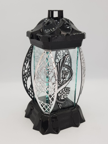 Лампада стеклянная Роза Монстера серебро KWIAT (размер 26х12х12, корпус прямоугольный, колба плоское прозрачное стекло, пластик черный, Роза монстера серебро, в упаковке 6 шт.) арт:2525