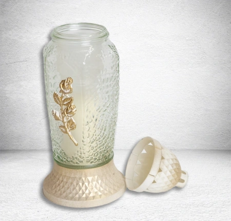 Лампада стеклянная Роза Znicz (размер 29х11, корпус Прямоугольный, колба прозрачное рифленое стекло, пластик белый, роза золото, в упаковке 6 шт.) арт:2492