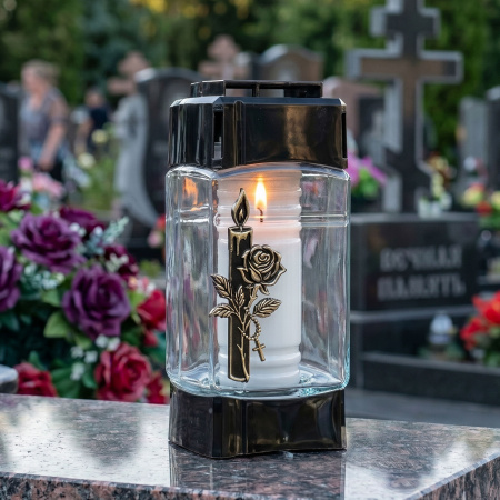 Лампада стеклянная, свеча вкладыш, Роза Свеча Znicz (23,5*10,5*8,5 см, корпус прямоугольный, колба плоское стекло, пластик черный, Роза, Свеча, цвет золото) уп. 8 шт. арт:2571