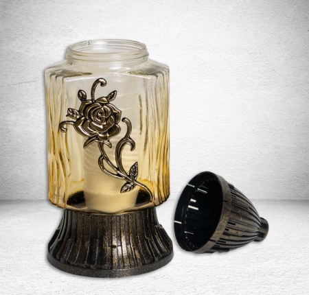 Лампада стеклянная Роза 3 Znicz (размер 26х11, корпус прямоугольный, колба желтое стекло, пластик бронза, Роза золото, в упаковке 8 шт.) арт:2482