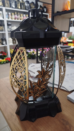 Лампада стеклянная Лилия золото KWIAT (размер 26х12х12, корпус прямоугольный, колба плоское прозрачное стекло, пластик черный, Лилия золото, в упаковке 6 шт.) арт:2531