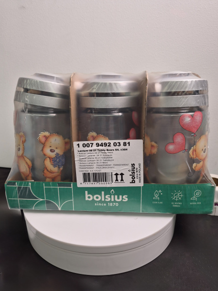 Лампада Стеклянная Мишка Bolsius (размер 23*11 см, корпус цилиндрический, колба стекло, пластик серебро, принт Мишка в упаковке 6 шт.) арт:2488