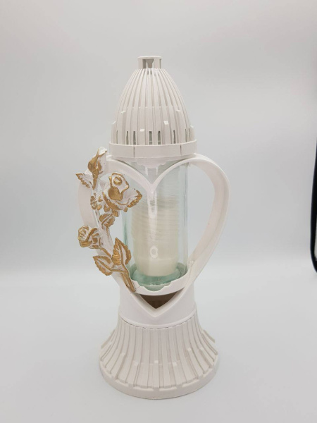 Лампада стеклянная, свеча вкладыш, 3D Сердце белая  (31*13*13, корпус фигурный, колба цилиндрическая прозрачное стекло, пластик белый, Роза золото) упаковка 5 шт. арт:1861