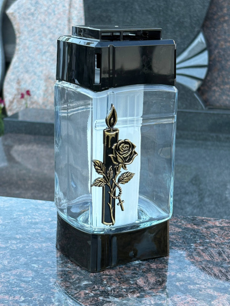 Лампада стеклянная, свеча вкладыш, Роза Свеча Znicz (23,5*10,5*8,5 см, корпус прямоугольный, колба плоское стекло, пластик черный, Роза, Свеча, цвет золото) уп. 8 шт. арт:2571