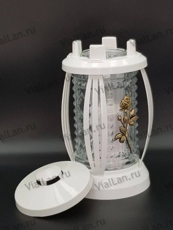 Лампада стеклянная Белая Prima 3 (корпус прямоугольный, колба рельефное прозрачное стекло, пластик белый, Роза золото, в упаковке 6 шт.) арт:1957