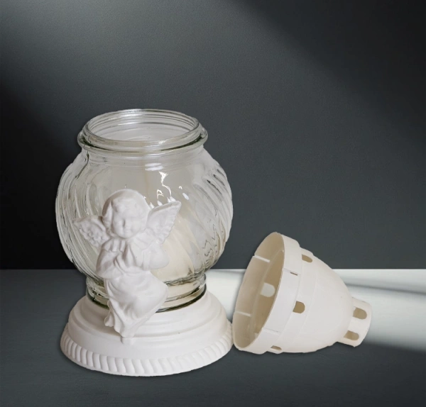 Лампада стеклянная Ангелок Белый (размер 20х10, корпус шаровидный, колба прозрачное стекло, пластик белый, Ангел цвет белый, в упаковке 8 шт.) арт:2524