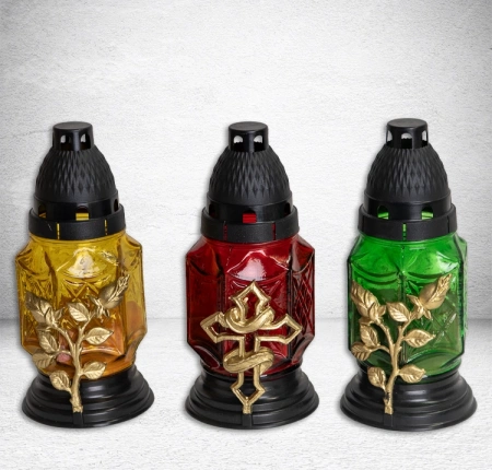 Лампада стеклянная Микс 4 Znicz (размер 18,5х8,5, корпус ромбовидный, колба цветное стекло, пластик Черный, в упаковке 13 шт.) арт:2511