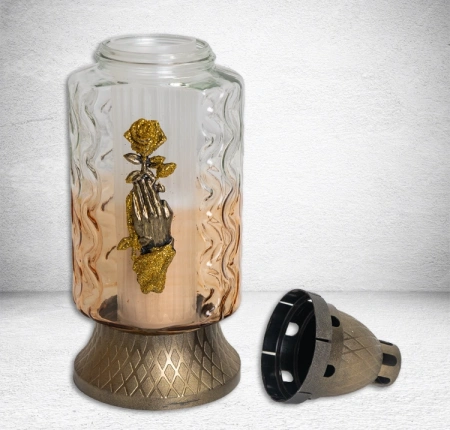 Лампада стеклянная Роза в руке золото (размер 30*11 см, корпус Прямоугольный, колба оранжевое стекло, пластик бронза, Роза рука золото, в упаковке 8 шт.) арт:2473