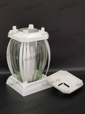 Лампада стеклянная Белая Prima 2 (25*13*13, корпус овальный, колба рельефное прозрачное стекло, пластик белый, решетка декоративная белая, в упаковке 6 шт.) арт:1902