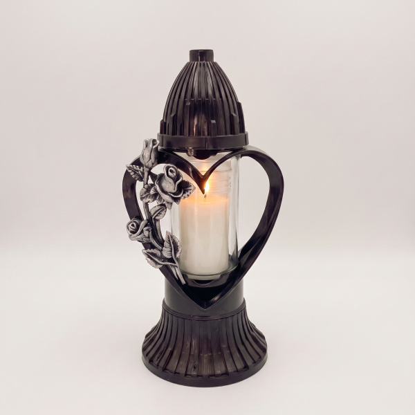 Лампада стеклянная, свеча вкладыш, 3D Сердце черная  (31*13*13, корпус фигурный, колба цилиндрическая прозрачное стекло, пластик черный, Роза серебро) упаковка 5 шт. арт:3027